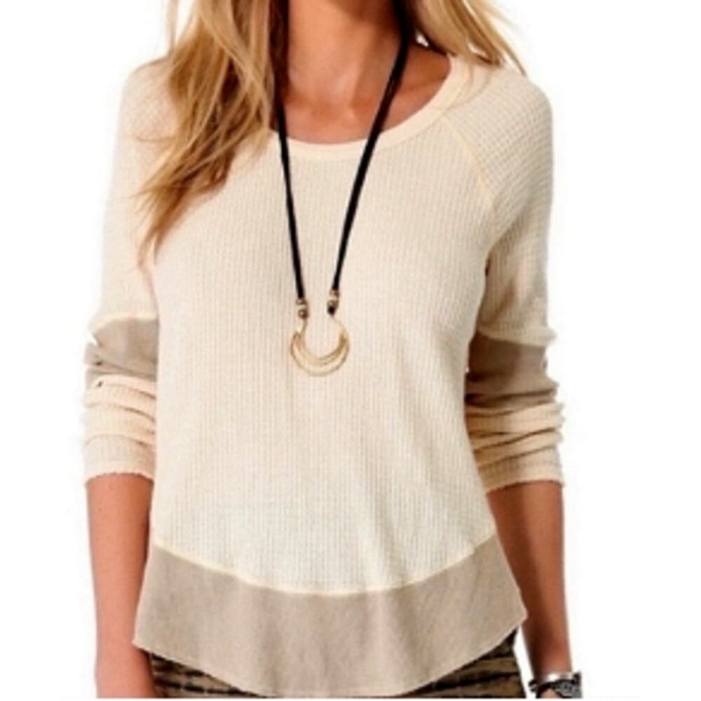 Free People Cream and Tan Long Sleeve Waffle Knit Top